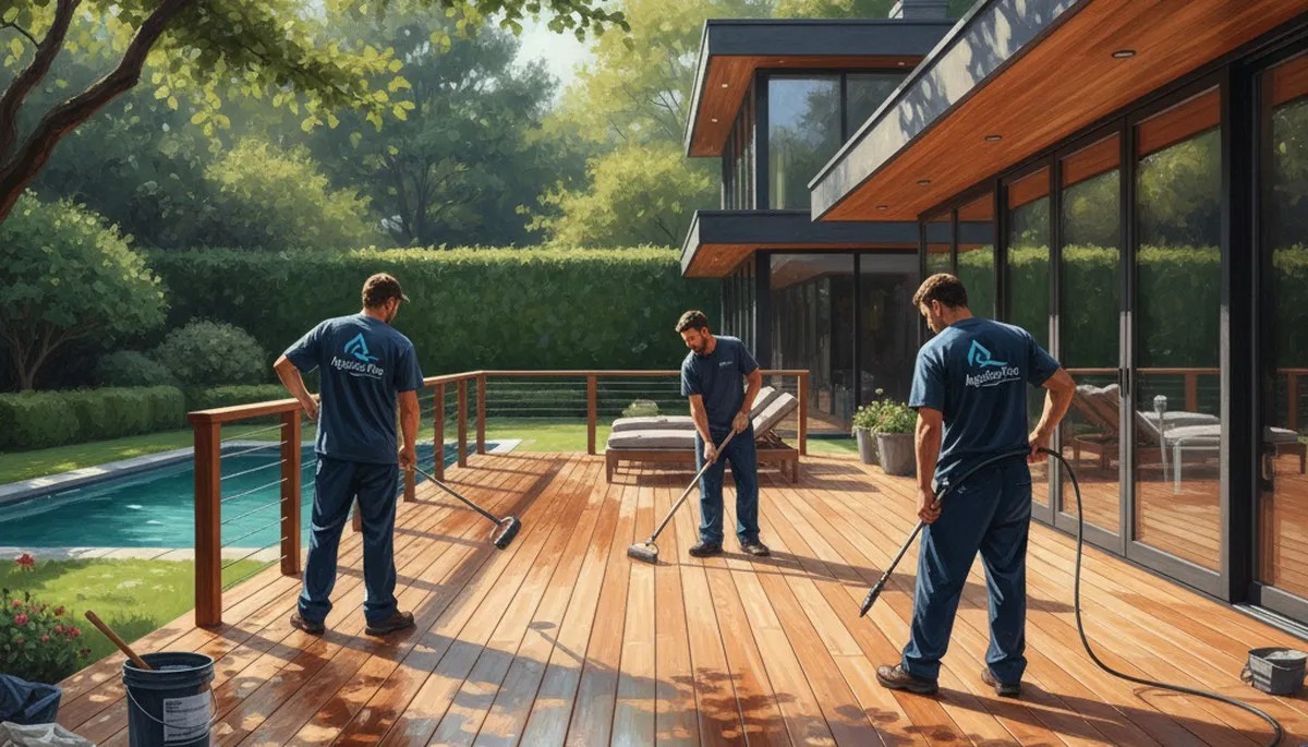 Atlanta painters applying deck sealant for wood protection in Atlanta, GA